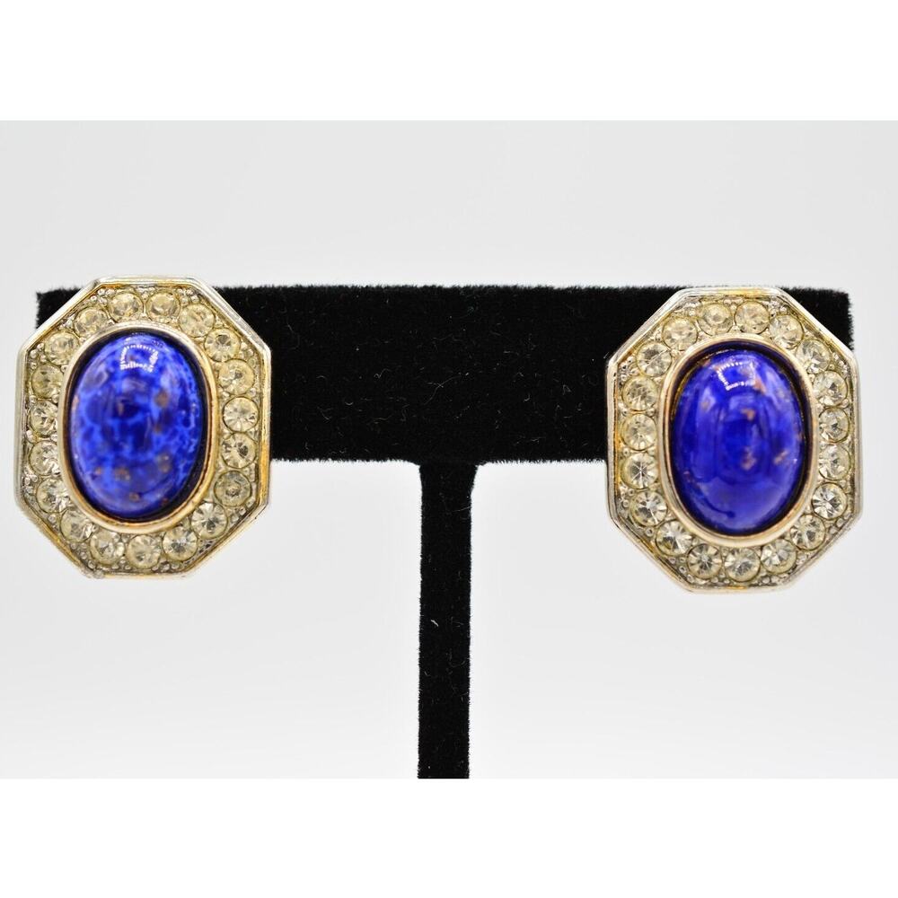 TAT Vintage Cabochon Clip On Earring Blue Lapis Rhinestone Crystal Signed 80s 9I